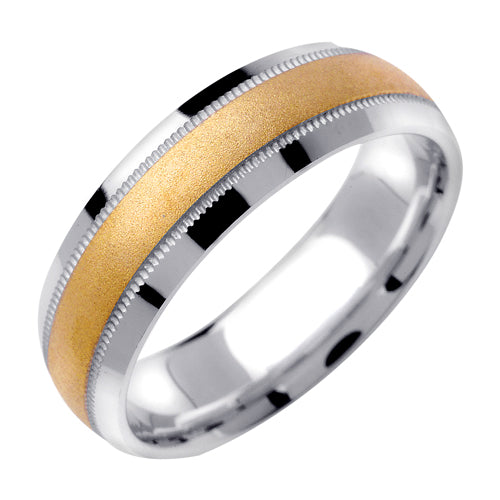 Men's Two-Tone Sandblasted Domed Wedding Band in 14k White and Yellow Gold 6.5mm