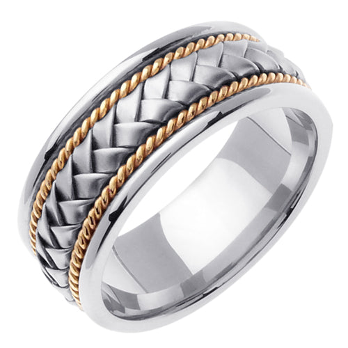 Men's Hand Braided Two-Tone Wedding Band in 18k White and Yellow Gold 8.5mm