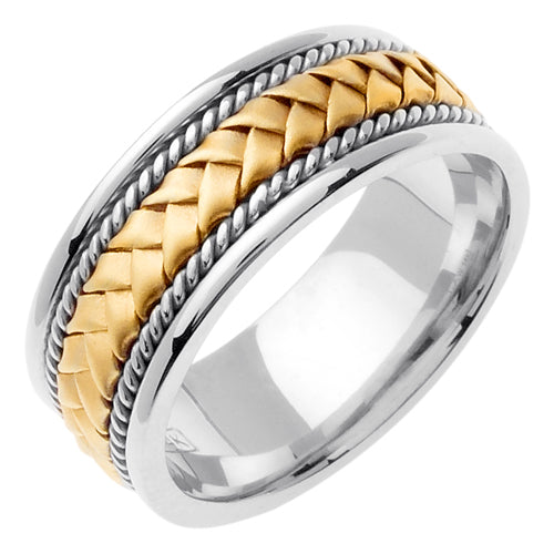 Men's Hand Braided Two-Tone Wedding Band in 14k Yellow and White Gold 8.5mm