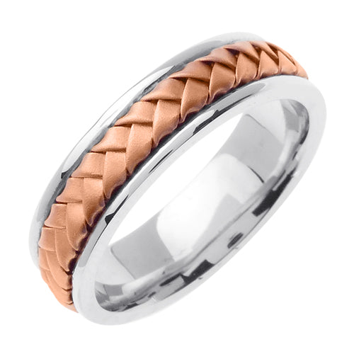 Men's Hand Braided Two-Tone Wedding Band in 14k Rose and White Gold 6mm