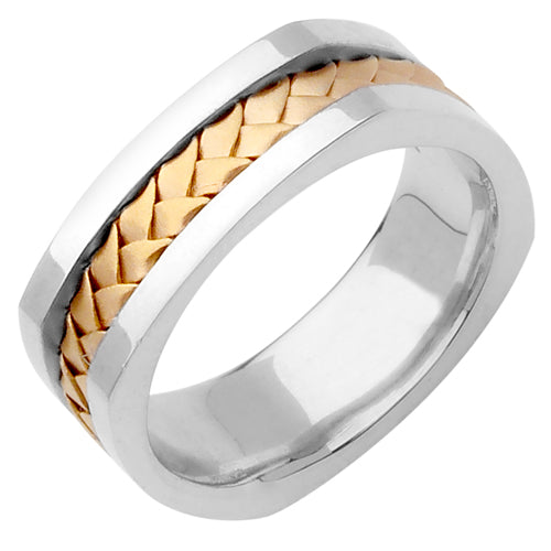 Men's Hand Braided Euro Shank Wedding Band in 18k White and Yellow Gold 7.5mm