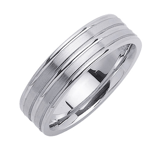Men's Satin Finish with Grooves Wedding Band in 18k White Gold 6.5mm