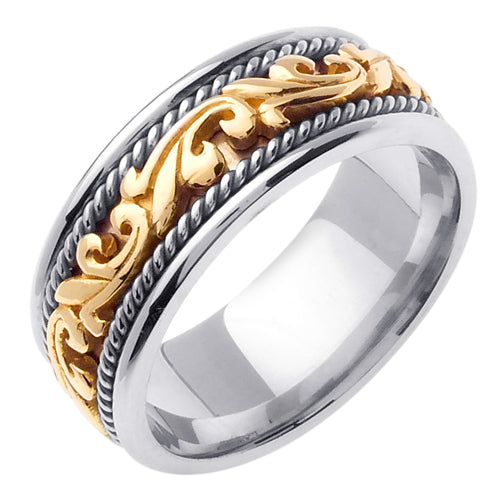 Men's Two-Tone Fleur-de-Lis Wedding Band in 18k White and Yellow Gold 8.5mm