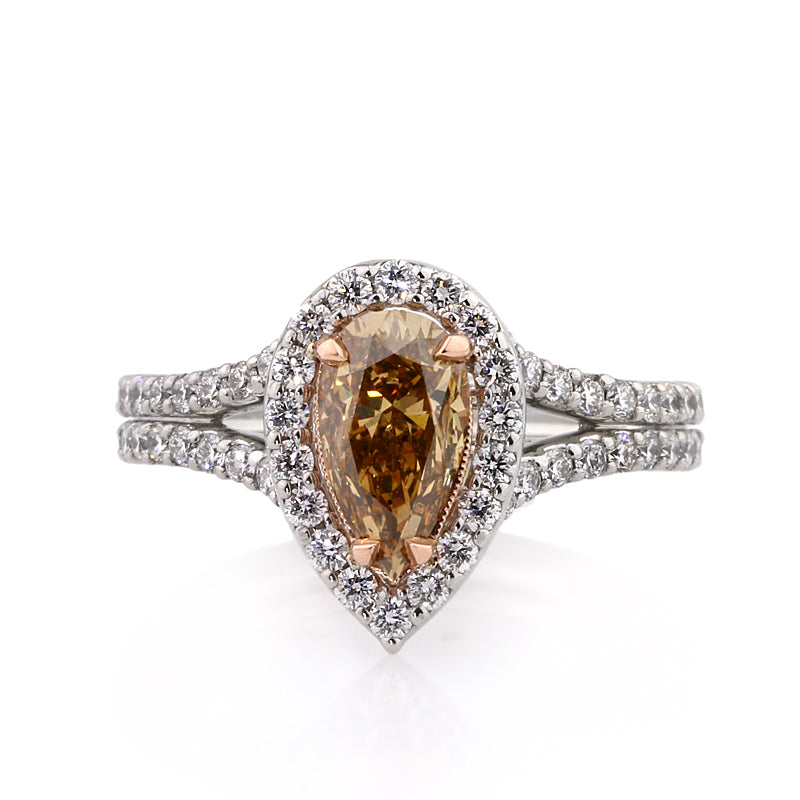 2.15ct Fancy Dark Brown Orange Yellow Pear Shaped Diamond Engagement Ring