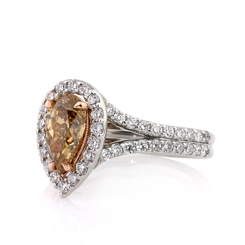 2.15ct Fancy Dark Brown Orange Yellow Pear Shaped Diamond Engagement Ring