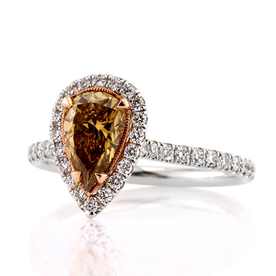 1.77ct Fancy Dark Brown Orange Yellow Pear Shaped Diamond Engagement Ring
