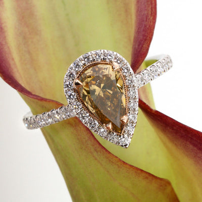 1.77ct Fancy Dark Brown Orange Yellow Pear Shaped Diamond Engagement Ring