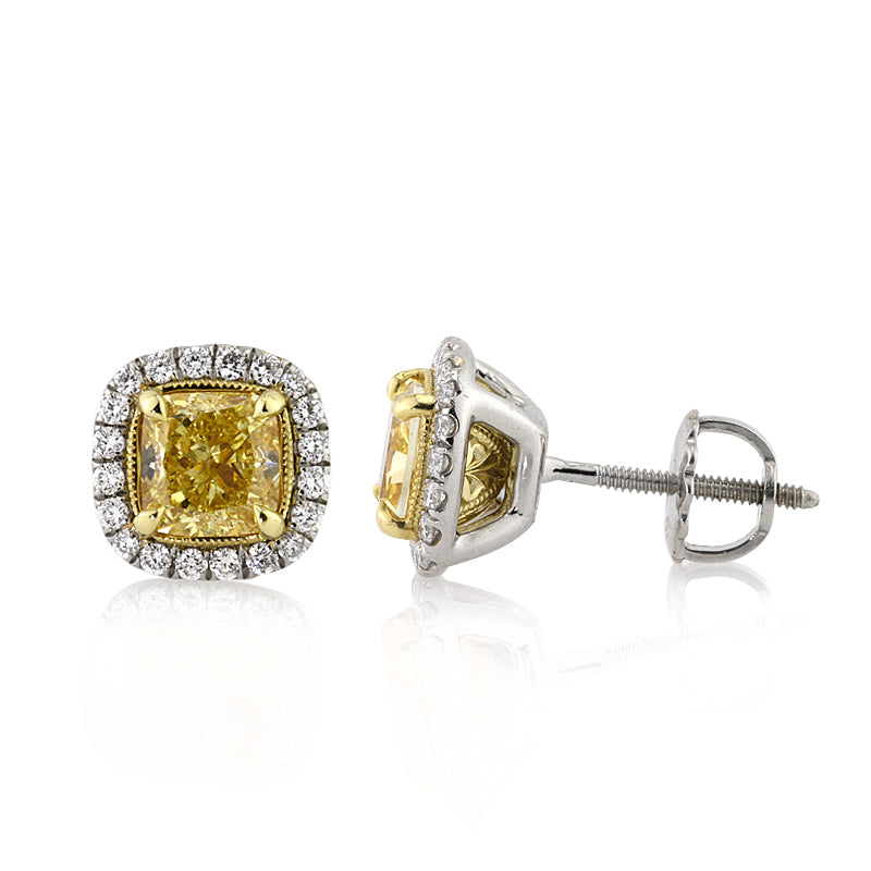 2.52ct Fancy Yellow Cushion Cut Diamond Stud Earrings