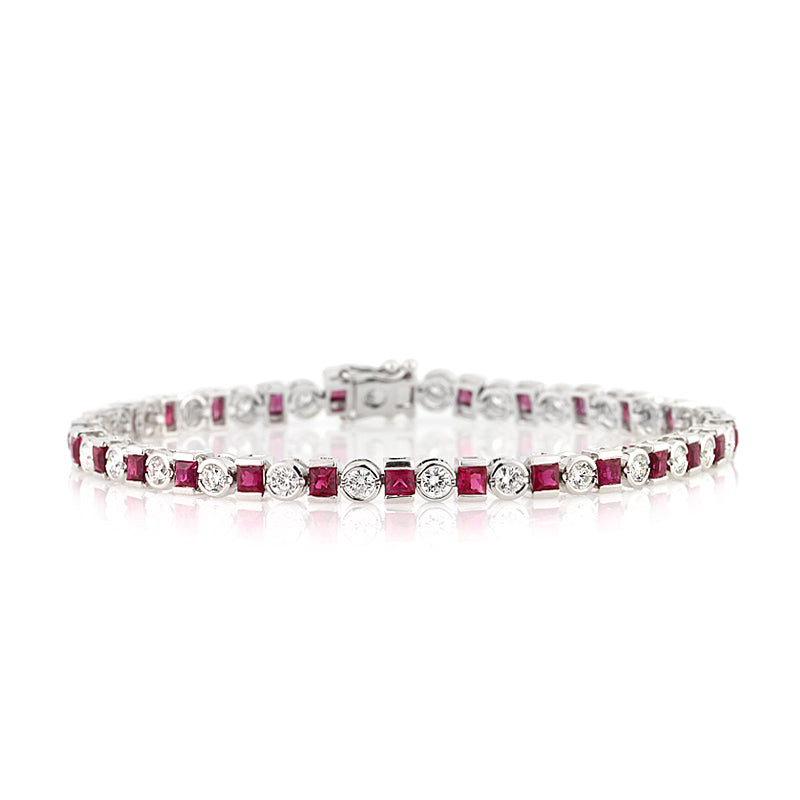 6.95ct Princess Cut Ruby and Round Diamond Bracelet