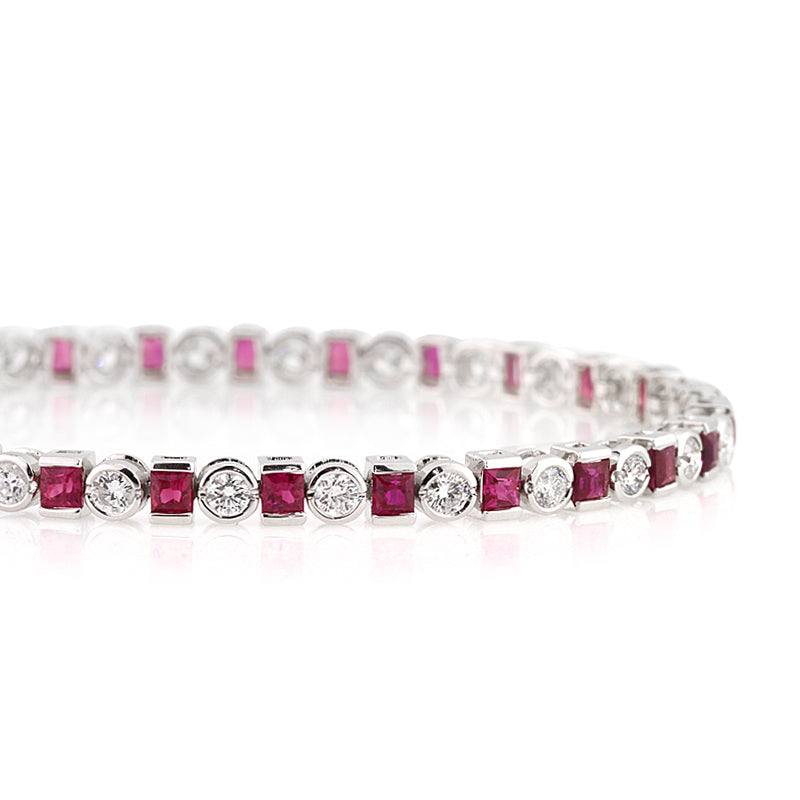 6.95ct Princess Cut Ruby and Round Diamond Bracelet