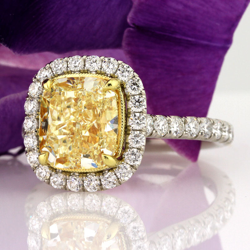 4.51ct Fancy Light Yellow Cushion Cut Diamond Engagement Ring