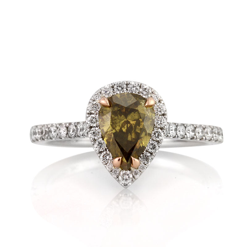 1.45ct Fancy Dark Brown Green Yellow Pear Shaped Diamond Engagement Ring