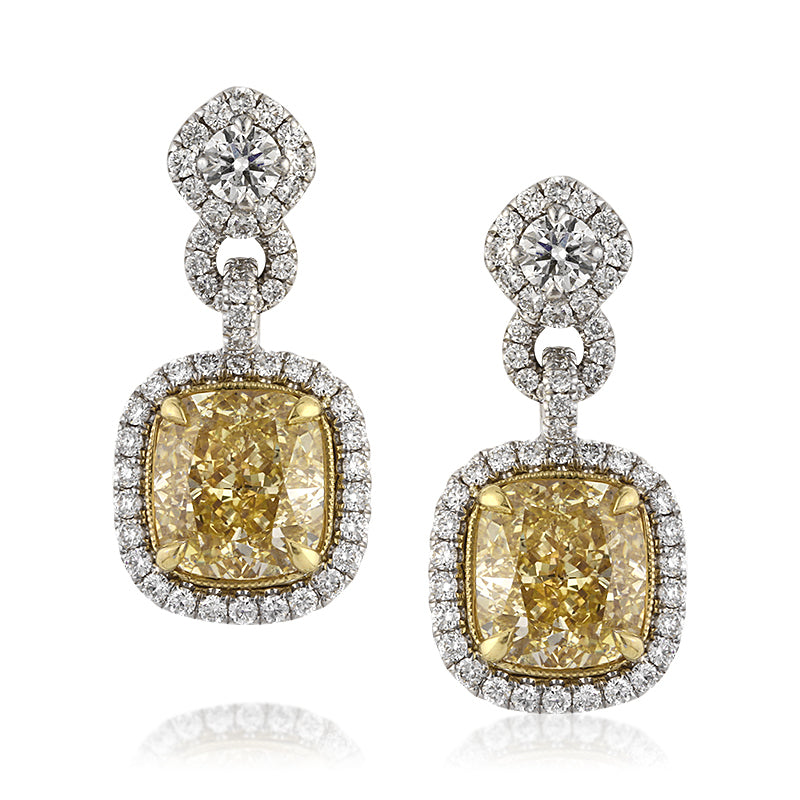 6.11ct Fancy Yellow Cushion Cut Diamond Dangle Earrings