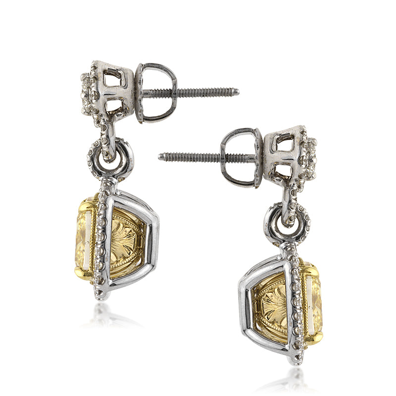 6.11ct Fancy Yellow Cushion Cut Diamond Dangle Earrings