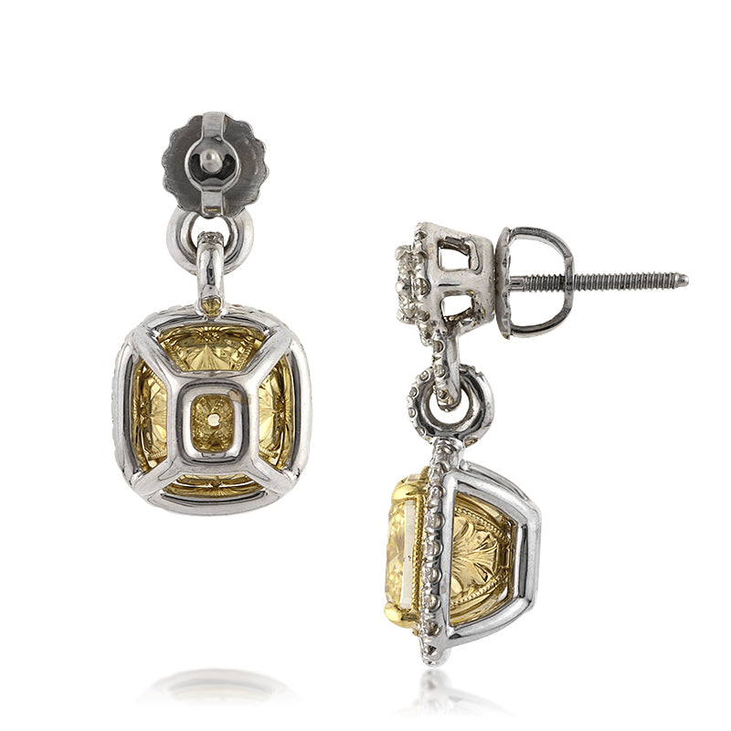 6.11ct Fancy Yellow Cushion Cut Diamond Dangle Earrings