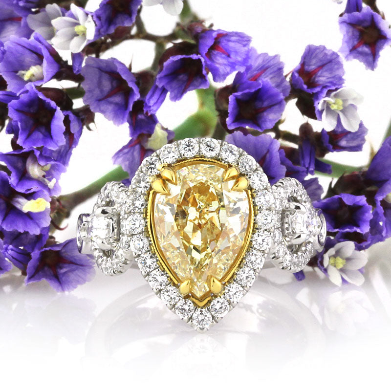3.37ct Fancy Intense Yellow Pear Shaped Diamond Engagement Ring
