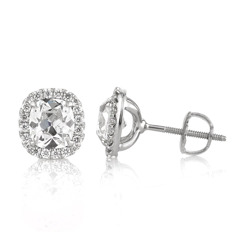 2.35ct Antique Cushion Brilliant Halo Diamond Stud Earrings