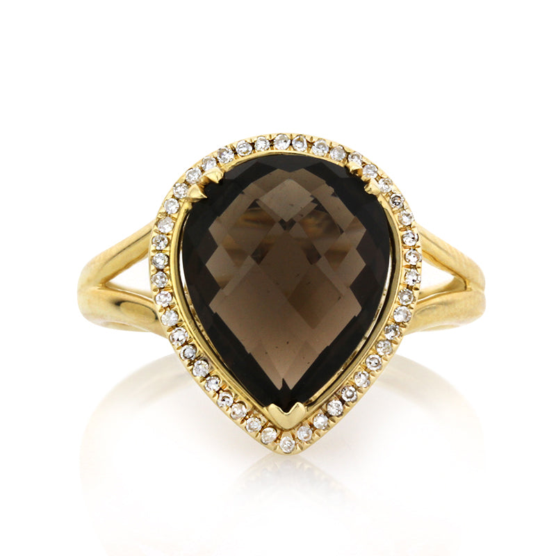 4.83ct Pear Shaped Rose Cut Smoky Quartz and Diamond Right-Hand Fashion Ring