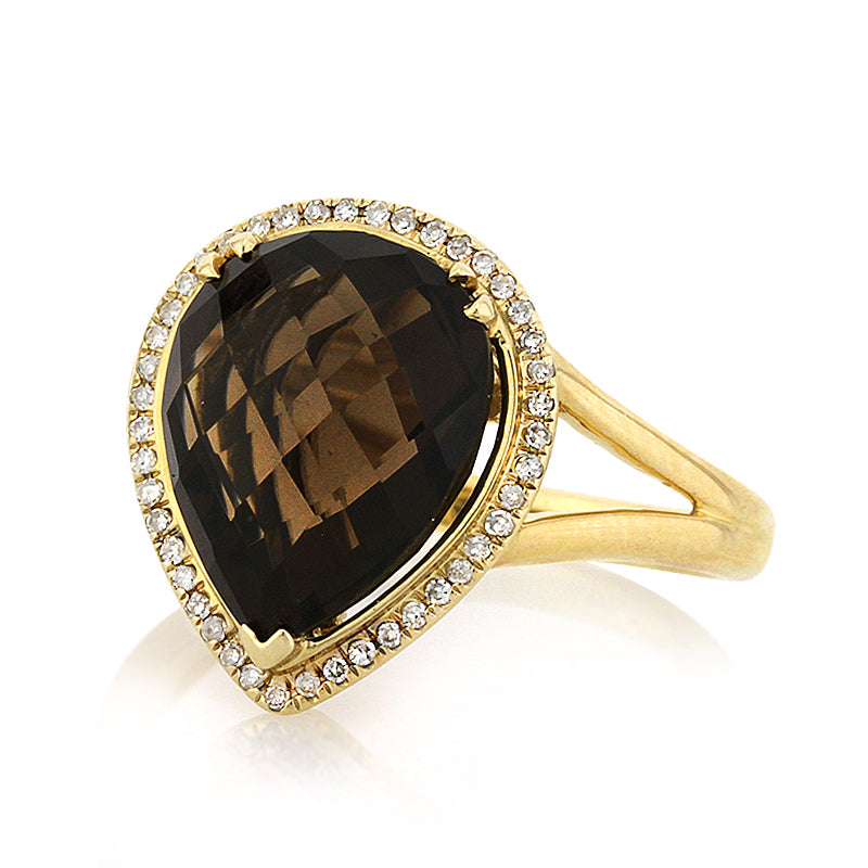 4.83ct Pear Shaped Rose Cut Smoky Quartz and Diamond Right-Hand Fashion Ring