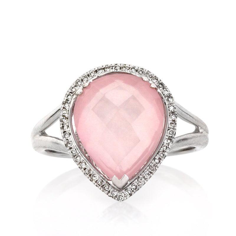 4.93ct Rose Cut Pear Shaped Rose Quartz and Diamond Right-Hand Fashion Ring