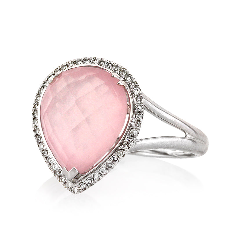 4.93ct Rose Cut Pear Shaped Rose Quartz and Diamond Right-Hand Fashion Ring