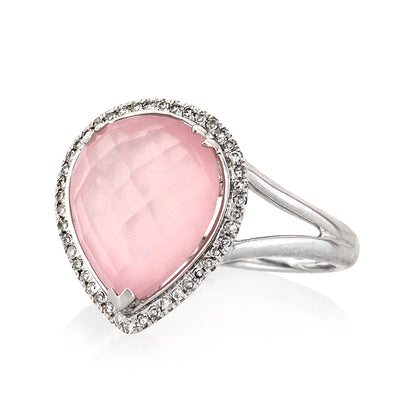 4.93ct Rose Cut Pear Shaped Rose Quartz and Diamond Right-Hand Fashion Ring
