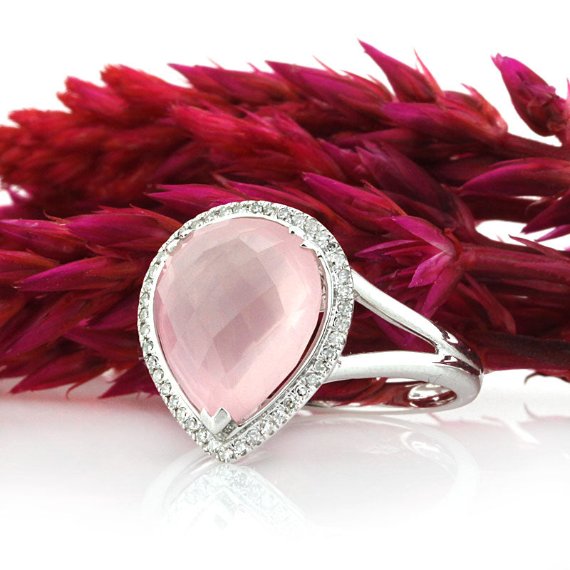 4.93ct Rose Cut Pear Shaped Rose Quartz and Diamond Right-Hand Fashion Ring