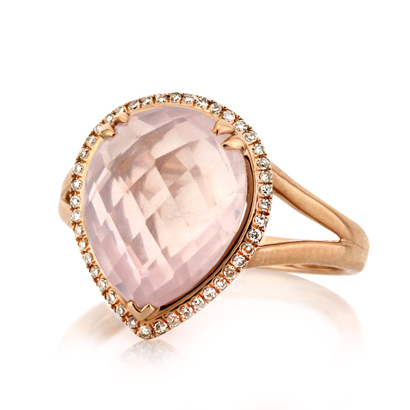 4.93ct Rose Cut Pear Shaped Rose Quartz and Diamond Right-Hand Fashion Ring