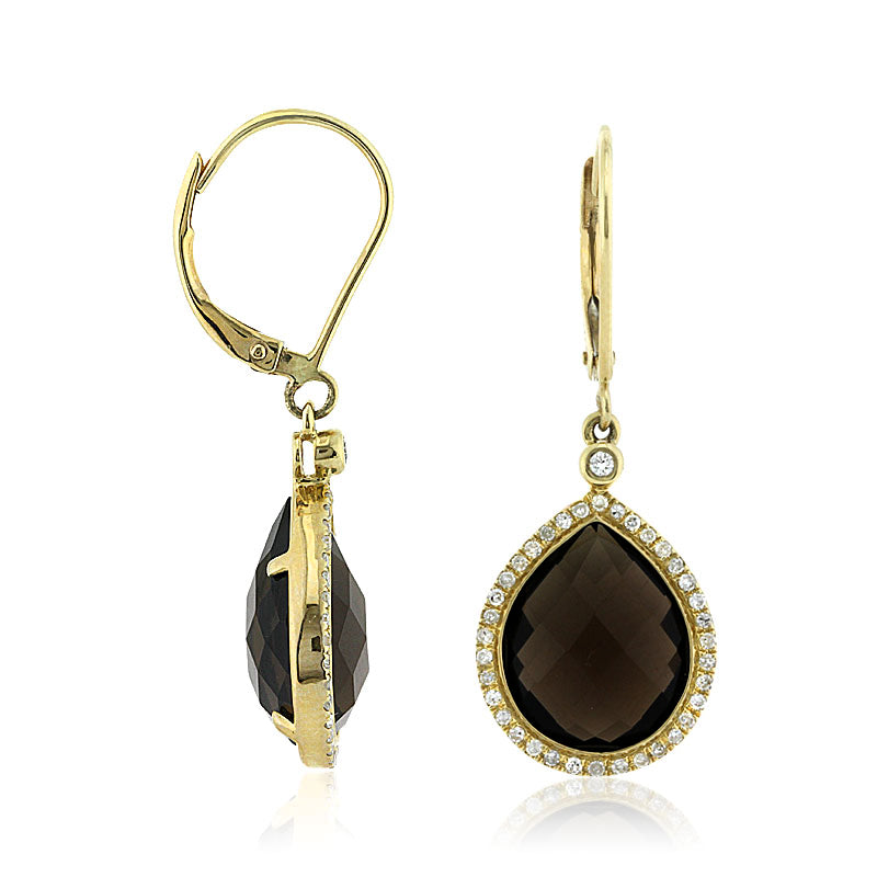 9.61ct Pear Shaped Rose Cut Smoky Quartz and Diamond Dangle Earrings