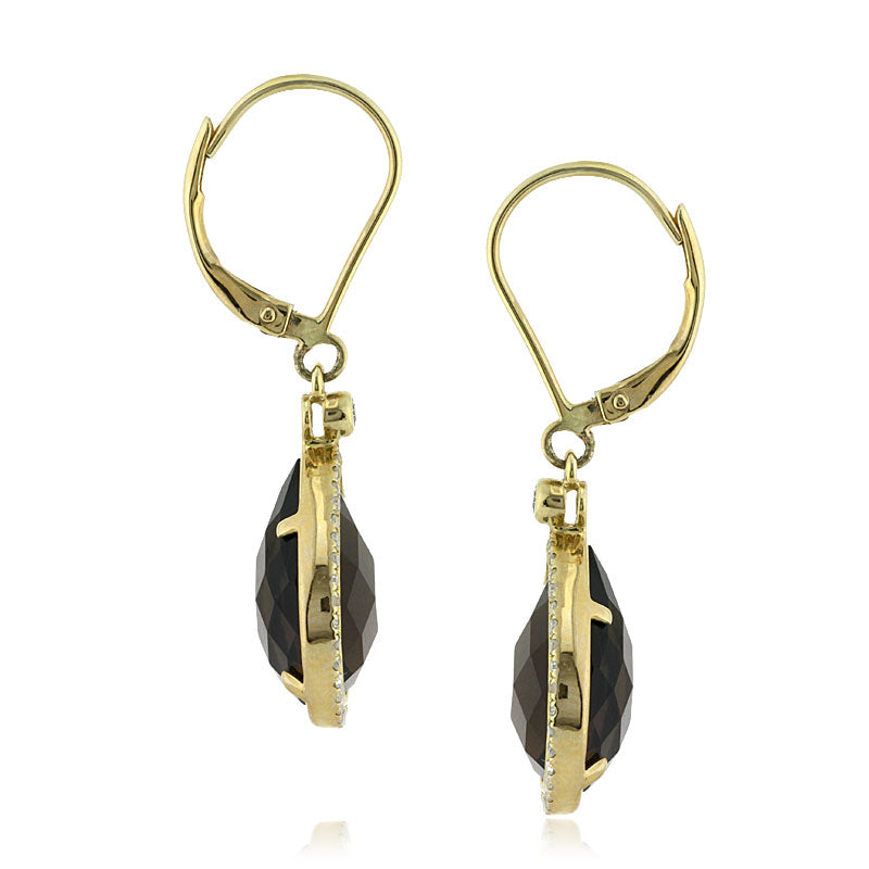 9.61ct Pear Shaped Rose Cut Smoky Quartz and Diamond Dangle Earrings