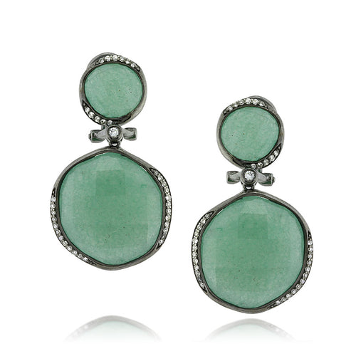 35.13ct Rose Cut Green Agate and Diamond Earrings