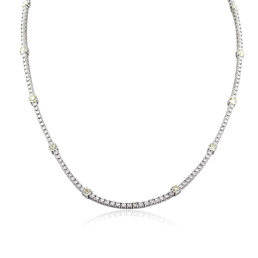 7.55ct Fancy Light Yellow Round Brilliant Cut Diamond Tennis Necklace