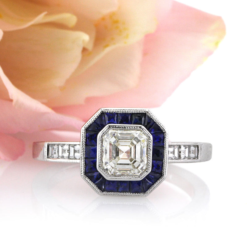 1.80ct Asscher Cut Diamond and Sapphire Engagement Ring