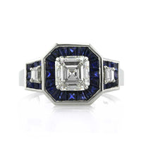 3.18ct Asscher Cut Diamond and Sapphire Diamond Engagement Ring