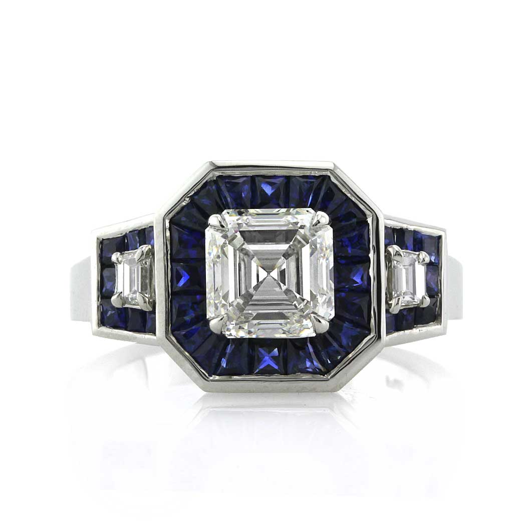 3.18ct Asscher Cut Diamond and Sapphire Diamond Engagement Ring