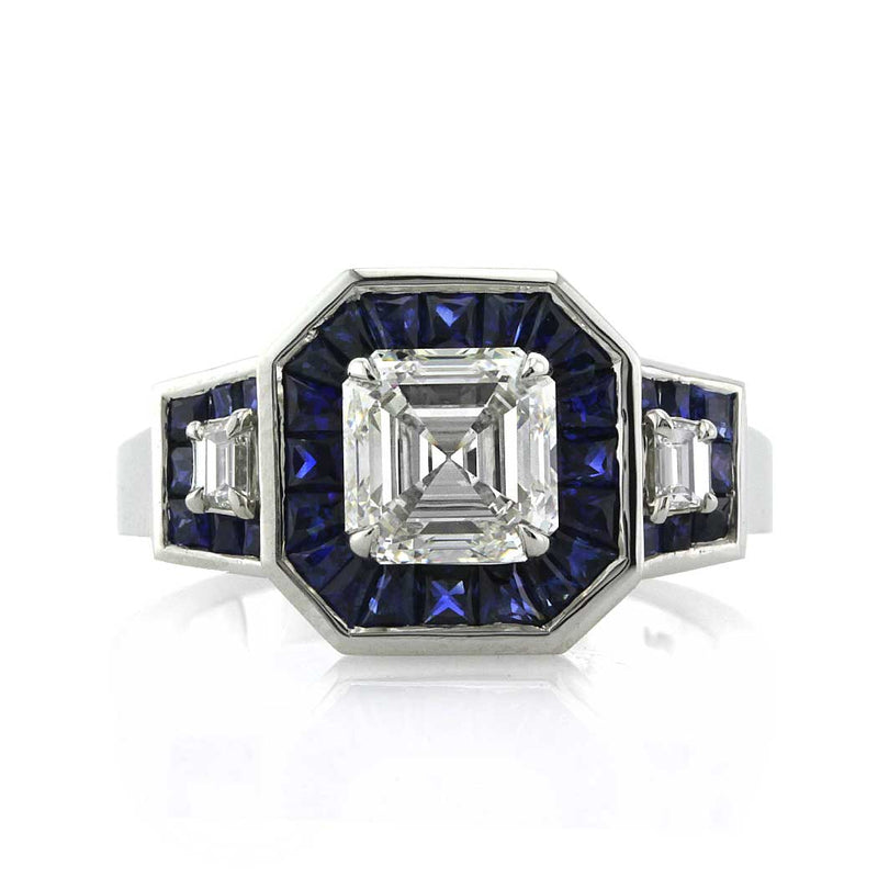 3.18ct Asscher Cut Diamond and Sapphire Diamond Engagement Ring