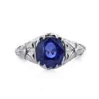 3.90ct Cushion Cut Ceylon Sapphire Engagement Ring with Hand Engraving