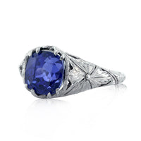 3.90ct Cushion Cut Ceylon Sapphire Engagement Ring with Hand Engraving