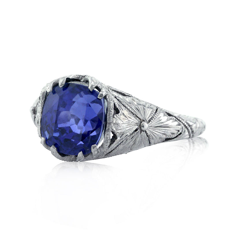 3.90ct Cushion Cut Ceylon Sapphire Engagement Ring with Hand Engraving