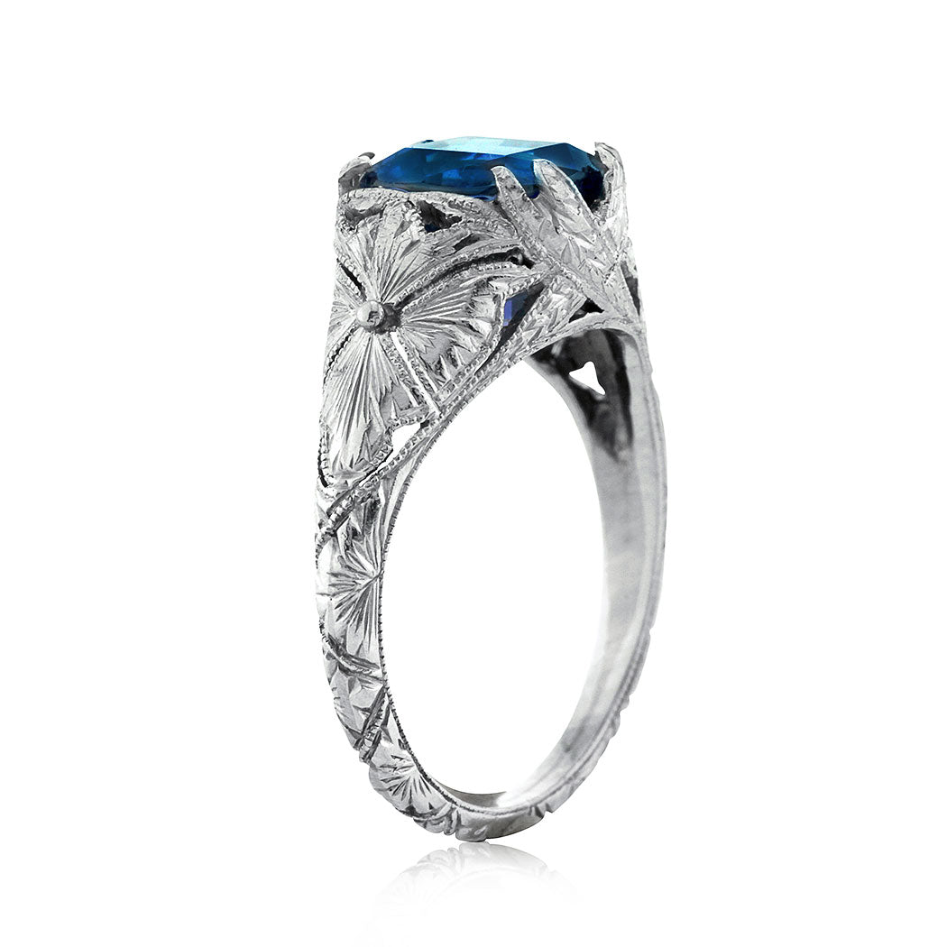 3.90ct Cushion Cut Ceylon Sapphire Engagement Ring with Hand Engraving