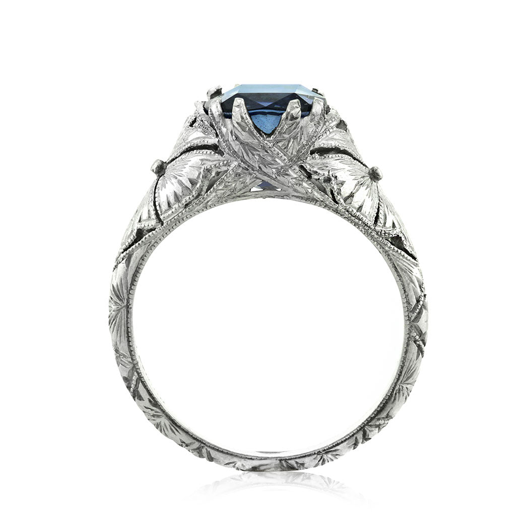 3.90ct Cushion Cut Ceylon Sapphire Engagement Ring with Hand Engraving