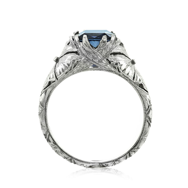 3.90ct Cushion Cut Ceylon Sapphire Engagement Ring with Hand Engraving