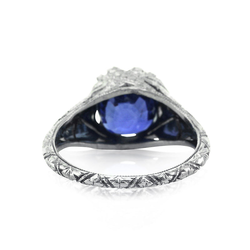 3.90ct Cushion Cut Ceylon Sapphire Engagement Ring with Hand Engraving