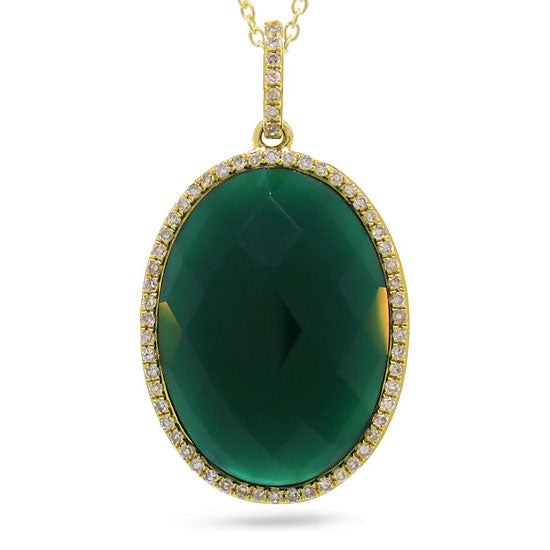 10.20ct Rose Cut Green Agate and Diamond Pendant in 14k Yellow Gold