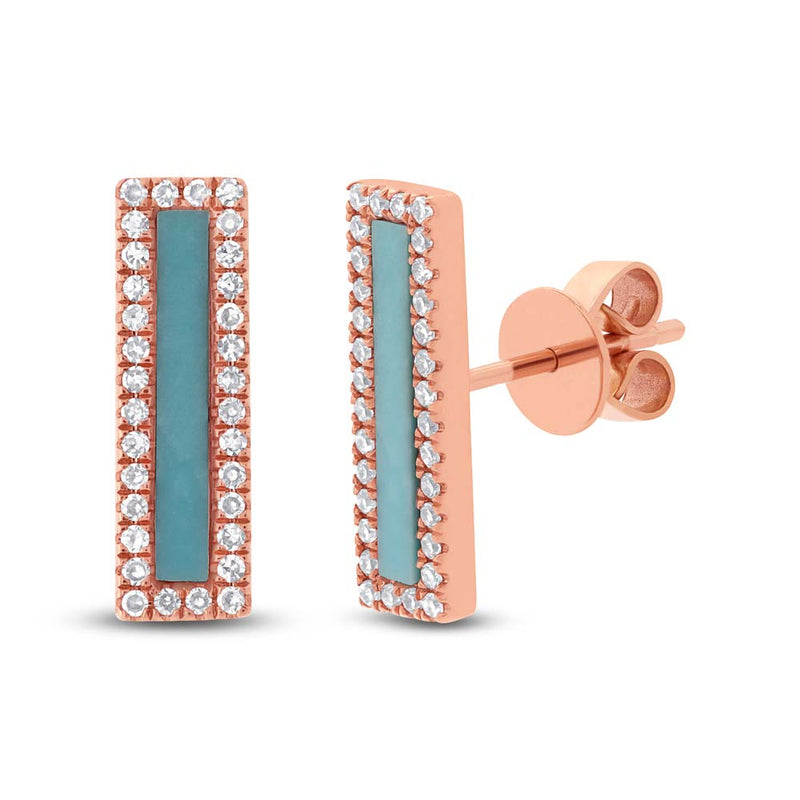 0.80ct Turquoise and Diamond Bar Earrings in 14k Rose Gold