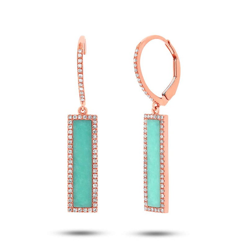 2.42ct Turquoise and Diamond Bar Dangling Earrings in 14k Rose Gold