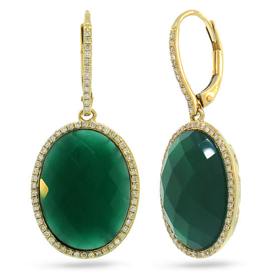 14.63ct Rose Cut Green Agate and Diamond Earrings on 14k Yellow Gold