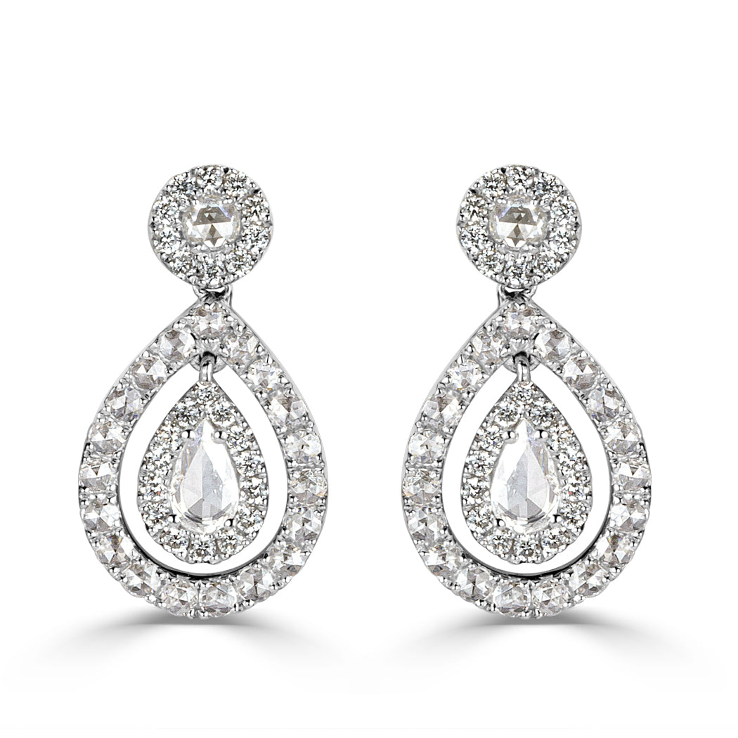 1.10ct Rose Cut Pear Shaped Diamond Dangle Earrings in 14k White Gold