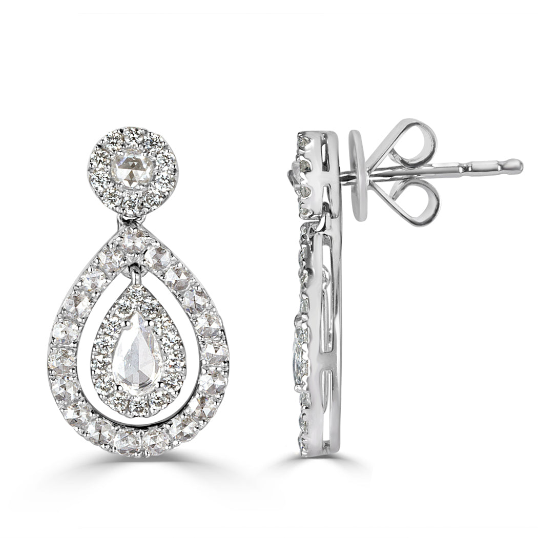 1.10ct Rose Cut Pear Shaped Diamond Dangle Earrings in 14k White Gold