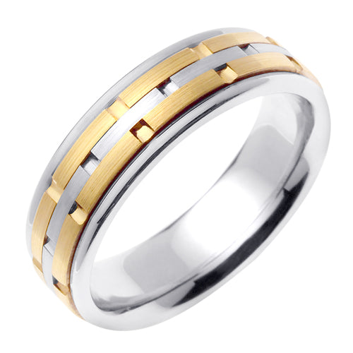 Men's Two-Tone Brick Design Wedding Band in 18k White and Yellow Gold 6.5mm